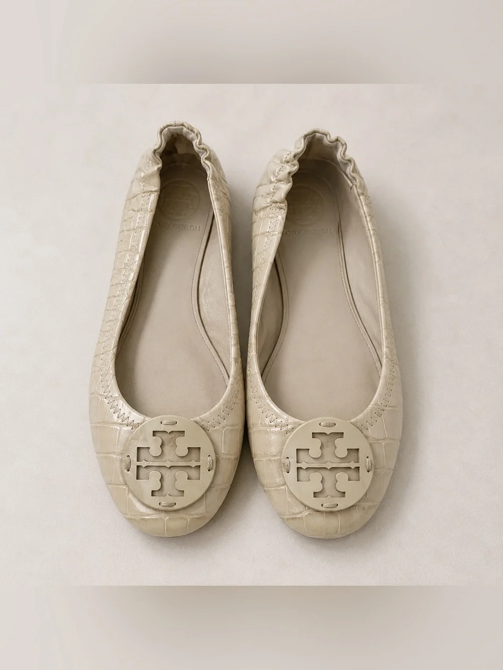 Tory Burch Reva Ballet Flats Cream Croc Embossed Leather Size 5M